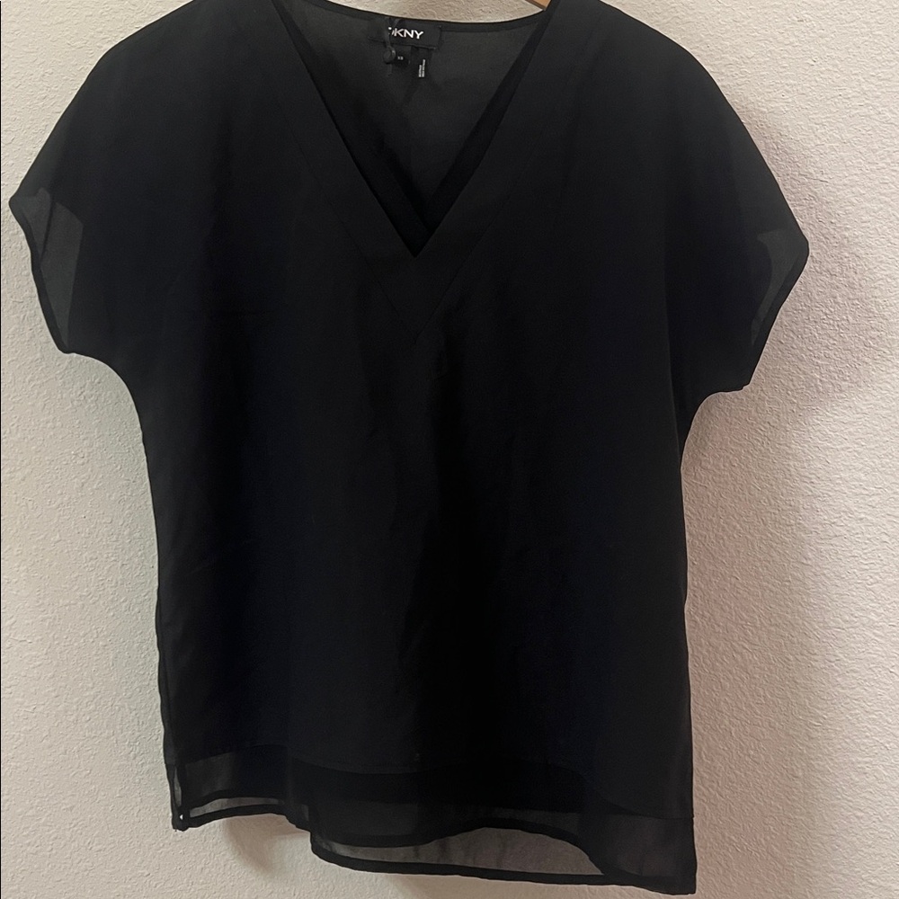 DKNY Black Sheer V-Neck Top